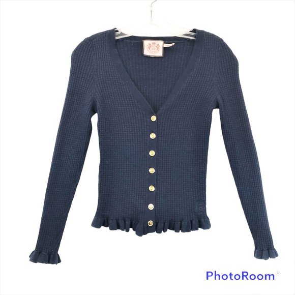 JUICY COUTURE Y2K Cardigan Sweater Women's XS Wool Navy Blue Gold Buttons - Picture 1 of 11